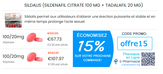 Acheter Sildalis Sildenafil Citrate 100 mg + Tadalafil 20 mg en ligne pas cher